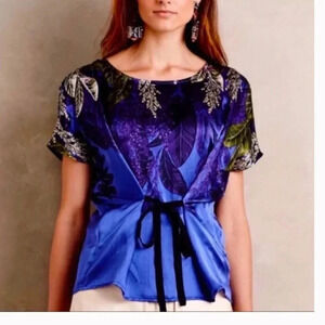 Anthropologie HD in Paris Silk Cocoon Floral “Callia” Tie Waist Blouse Size XS